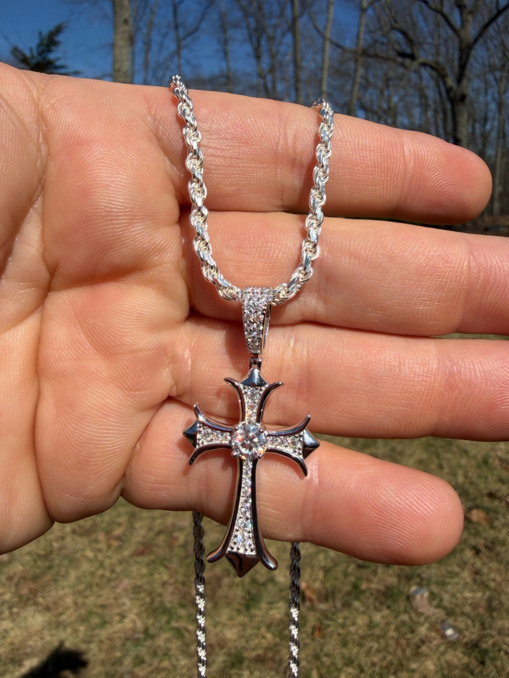 MOISSANITE Hearts Chrome Cross Pendant - 925 Silver - 3 Sizes 1"-2.75"