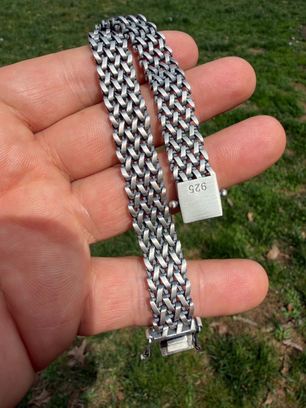 Mens Turquoise Wheat Woven Link Bracelet - 925 Sterling Silver - 8.5" - 12mm