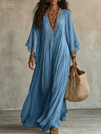 White Lace V-neck Batwing Sleeve Chiffon Maxi Dress