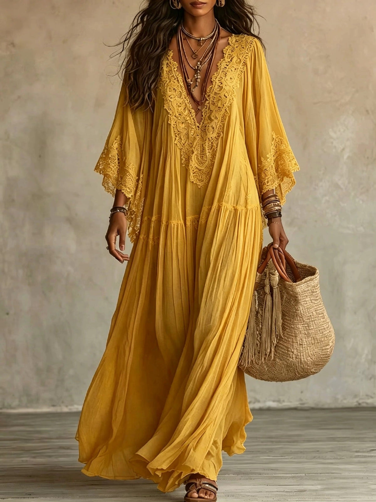 White Lace V-neck Batwing Sleeve Chiffon Maxi Dress