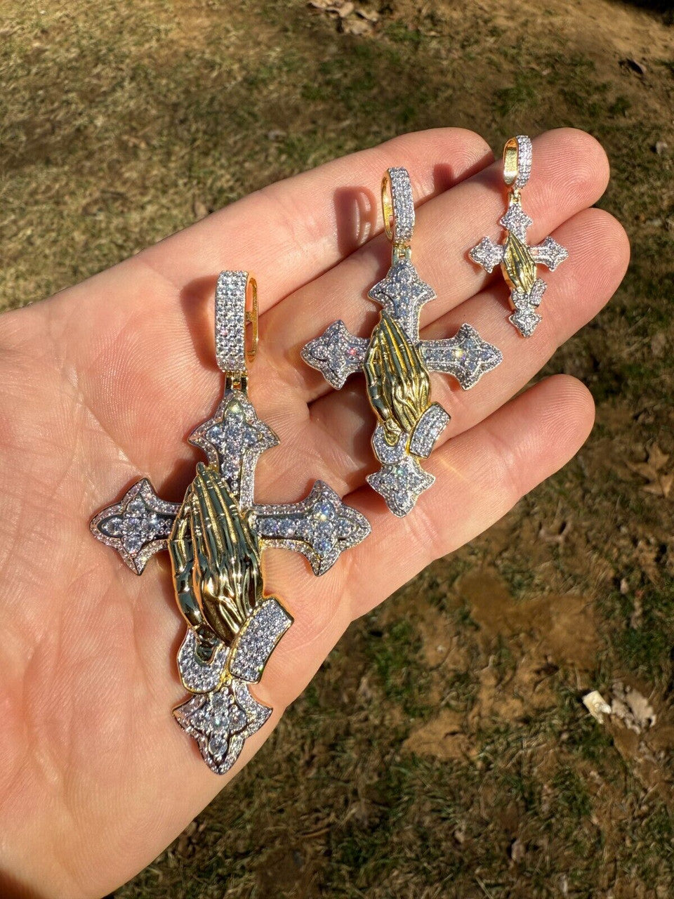 MOISSANITE Cross & Praying Hands Pendant - 14k Gold Vermeil 925 Silver - 3 Sizes 1.5"-3"