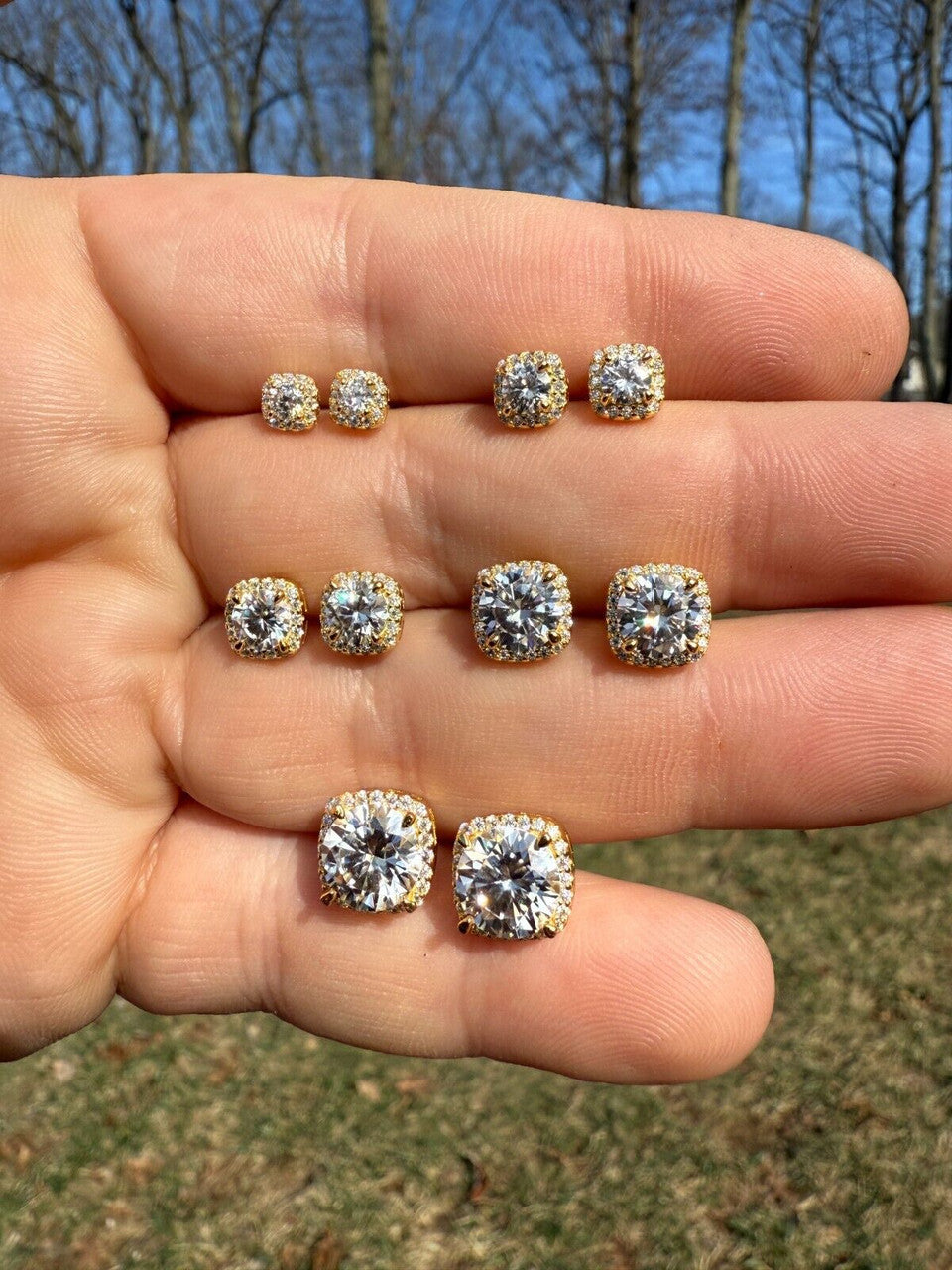 MOISSANITE Iced Out #1 Bestseller Square Halo Set Stud Earrings - 14k Gold Vermeil 925 Silver - 5mm -10mm
