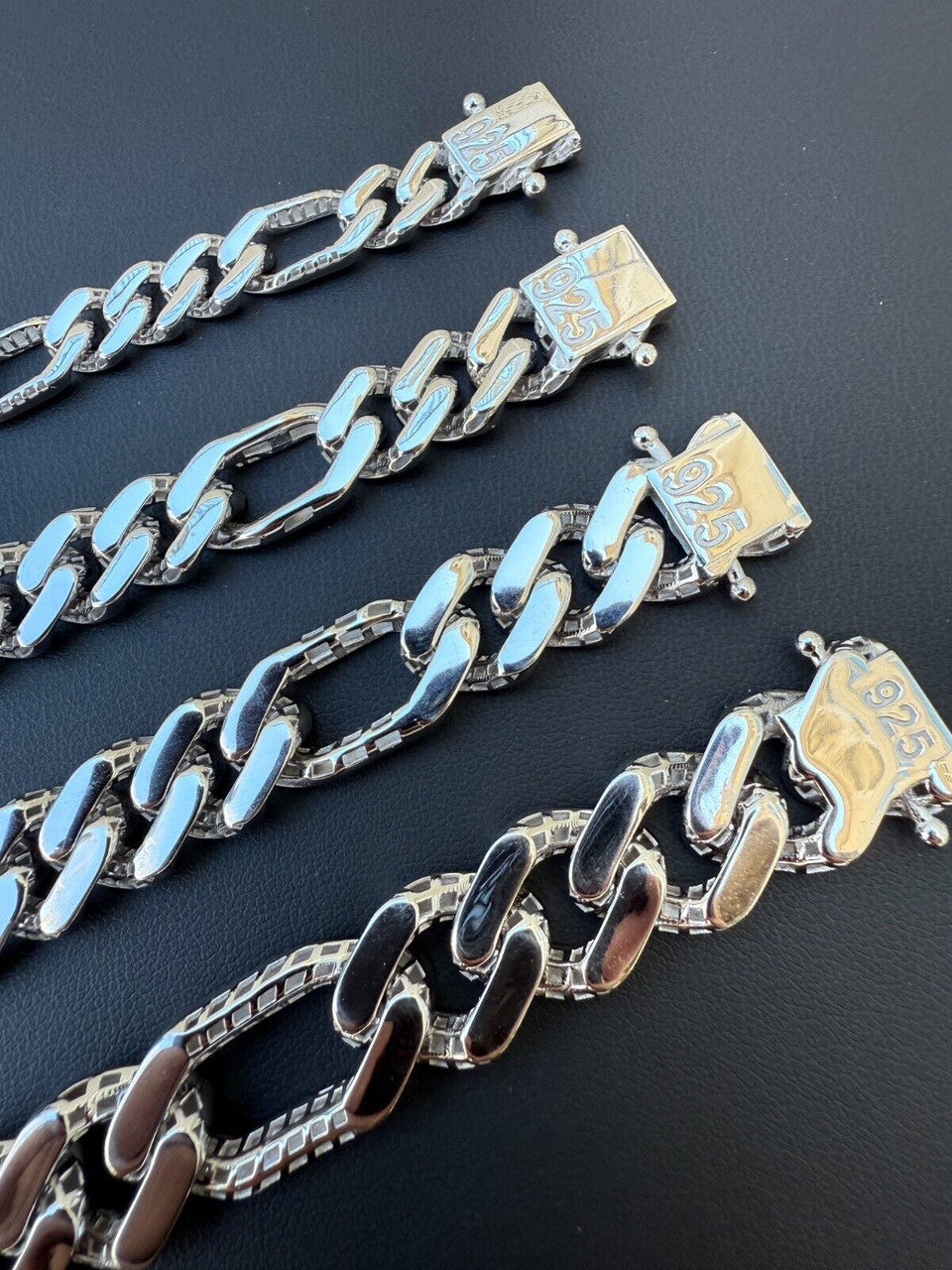 Hollow Figaro Link Monaco Bracelet - Rhodium Finish 925 Sterling Silver - 7"-9" - 9mm-15mm