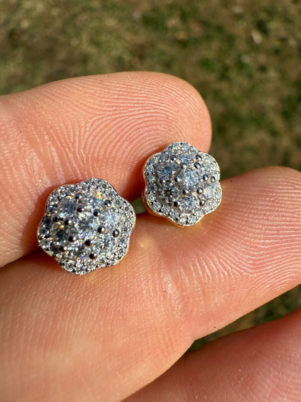 MOISSANITE Micropave Cluster Iced Out Earrings - 14k Gold Vermeil 925 Silver - 7.5mm-12mm