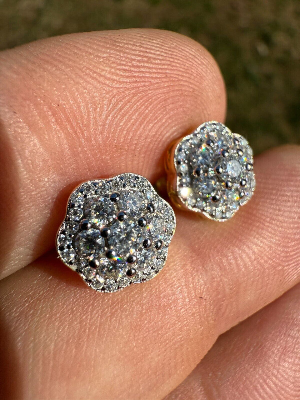 MOISSANITE Micropave Cluster Iced Out Earrings - 14k Gold Vermeil 925 Silver - 7.5mm-12mm