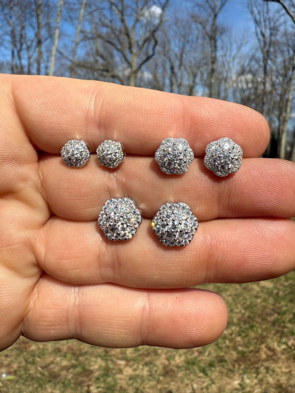 Micropave Cluster Iced Out Earrings - 925 Silver - CZ Stones - 7.5mm-12mm