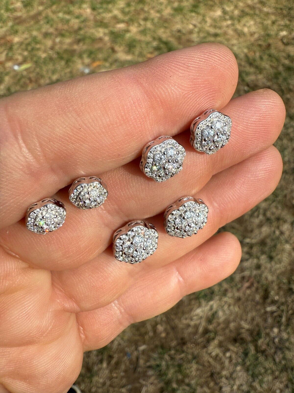 MOISSANITE Micropave Cluster Iced Out Earrings - 925 Silver - 7.5mm-12mm