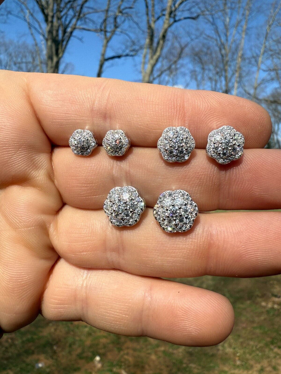 MOISSANITE Micropave Cluster Iced Out Earrings - 925 Silver - 7.5mm-12mm
