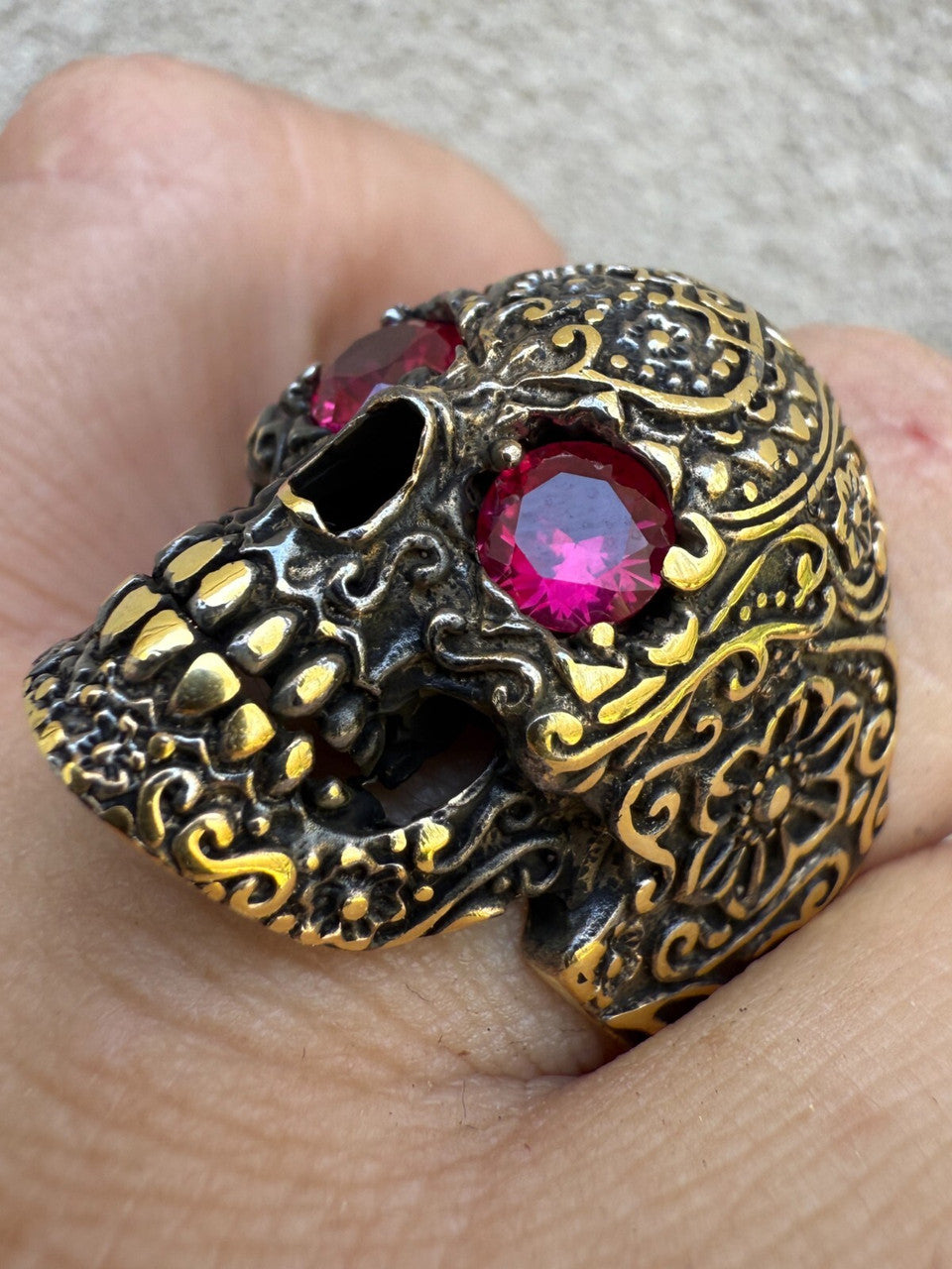 Sugar Skull & Roses Ring - 14k Gold Vermeil 925 Silver Oxidized