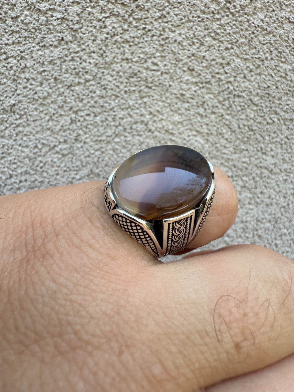 Wealth Ring - 925 Silver Oxidized - Genuine Agate Stone