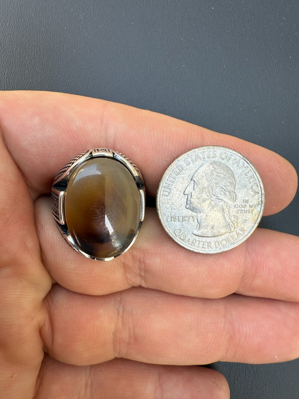 Wealth Ring - 925 Silver Oxidized - Genuine Agate Stone