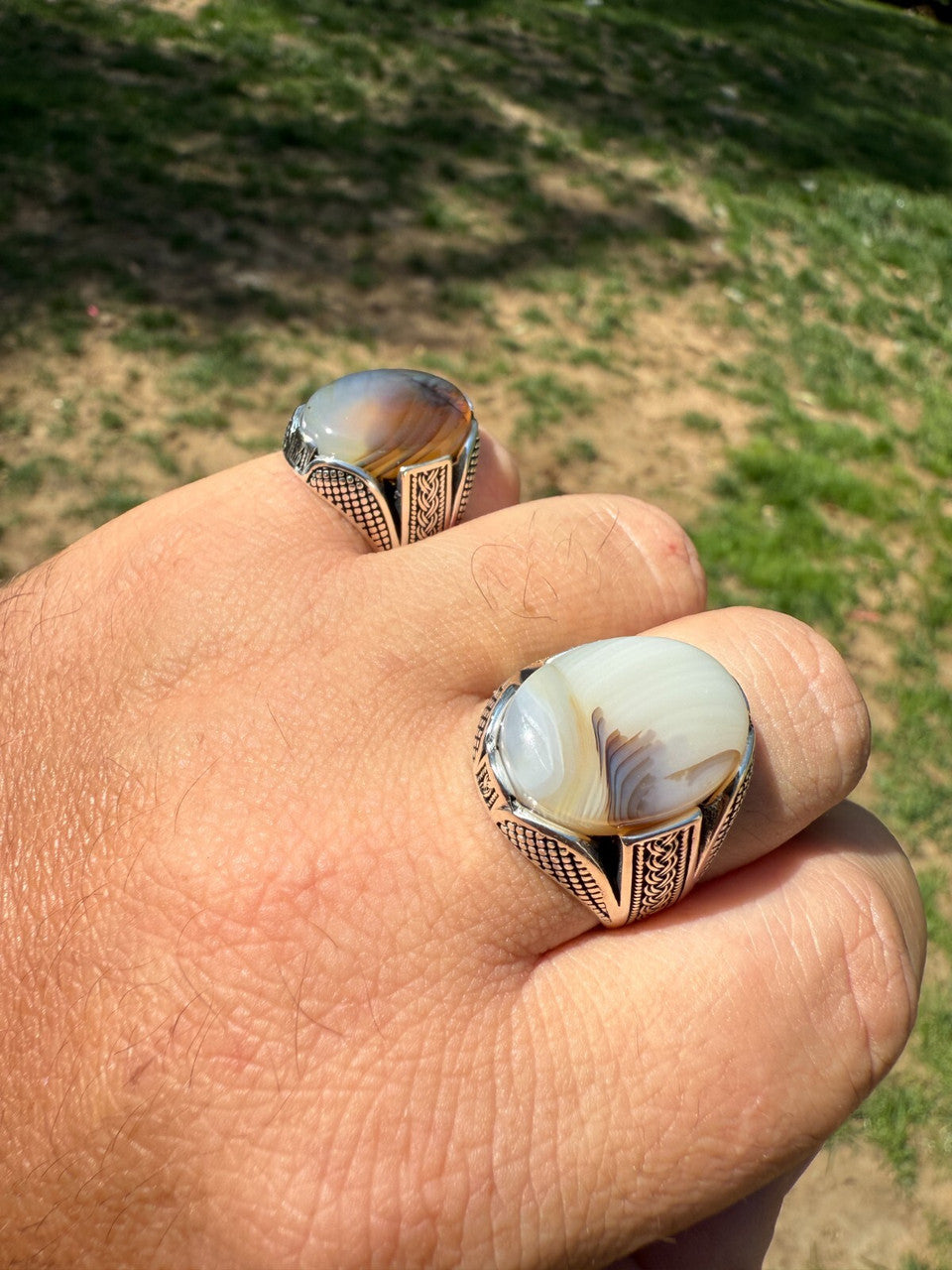 Wealth Ring - 925 Silver Oxidized - Genuine Agate Stone