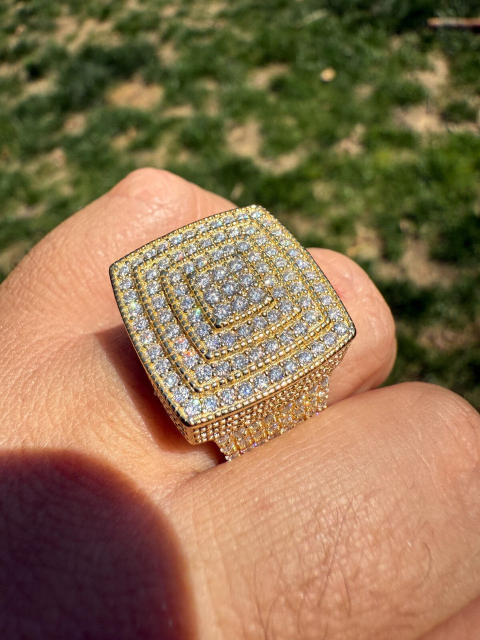 MOISSANITE Large Square Iced Out Ring - 14k Gold Vermeil 925 Silver
