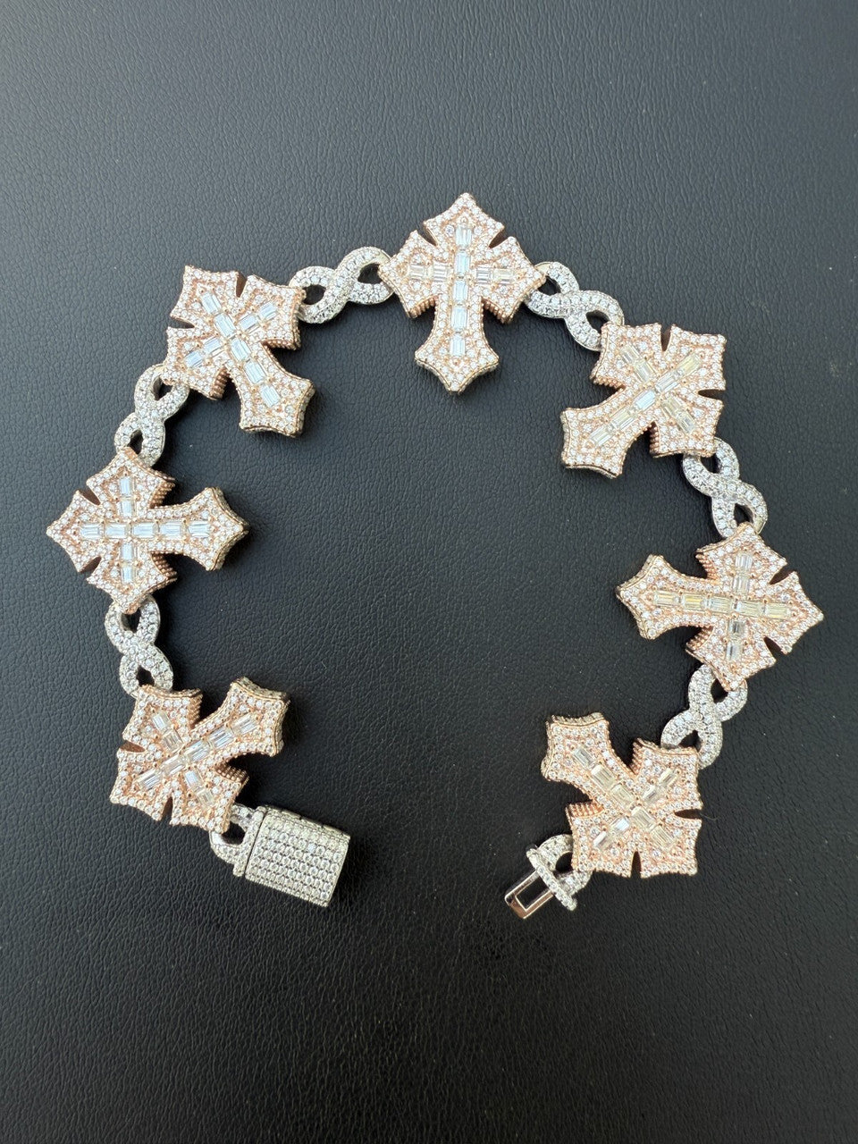 MOISSANITE Eternity 3D Cross Link Bracelet Iced Out - 14k Rose Gold Vermeil & 925 Silver - 24mm - 7.25"-9.25"