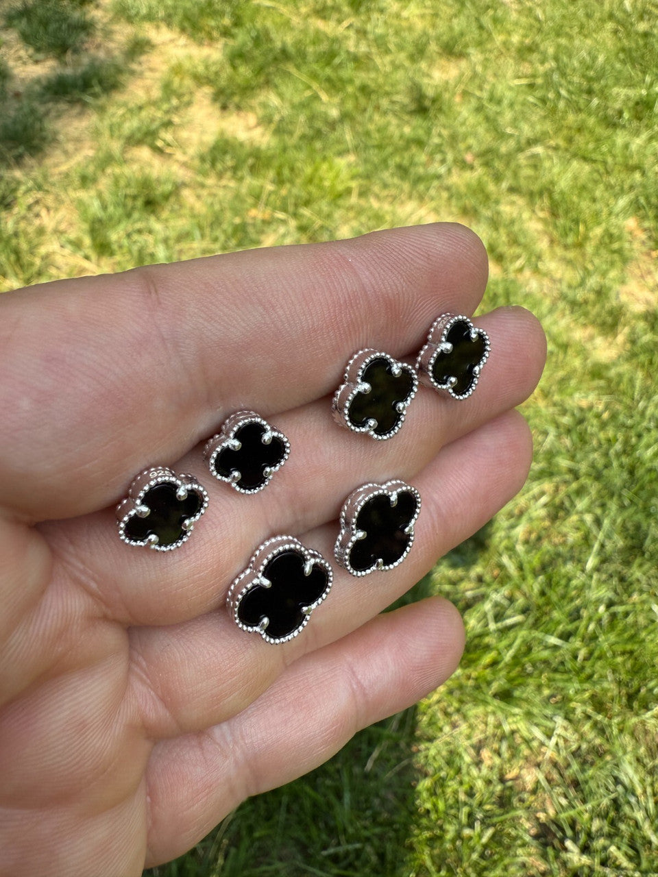 Black Onyx Clover Earrings - 925 Silver - 8mm-12mm