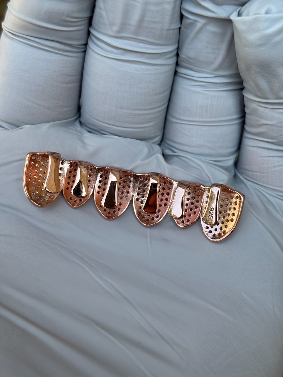 14k Rose Gold Plated Real 925 Sterling Silver CZ GRILLZ Teeth Top Bottom HipHop
