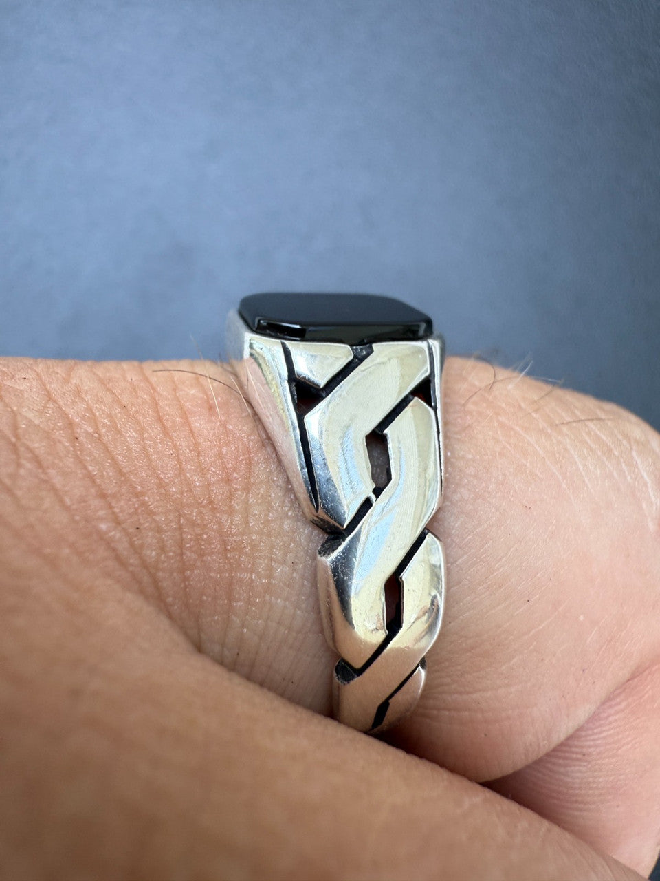 Miami Cuban Ring - 925 Silver Oxidized - Genuine Black Onyx Stone