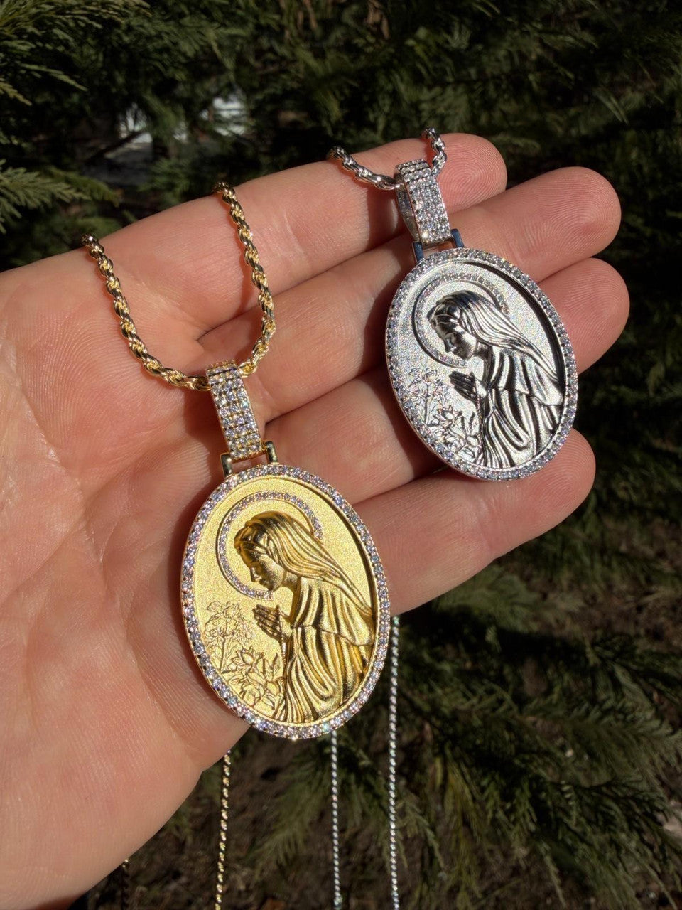 MOISSANITE Virgin Mary Sandblasted Medallion Pendant - 14k Gold Vermeil Or 925 Silver - Medium 2"