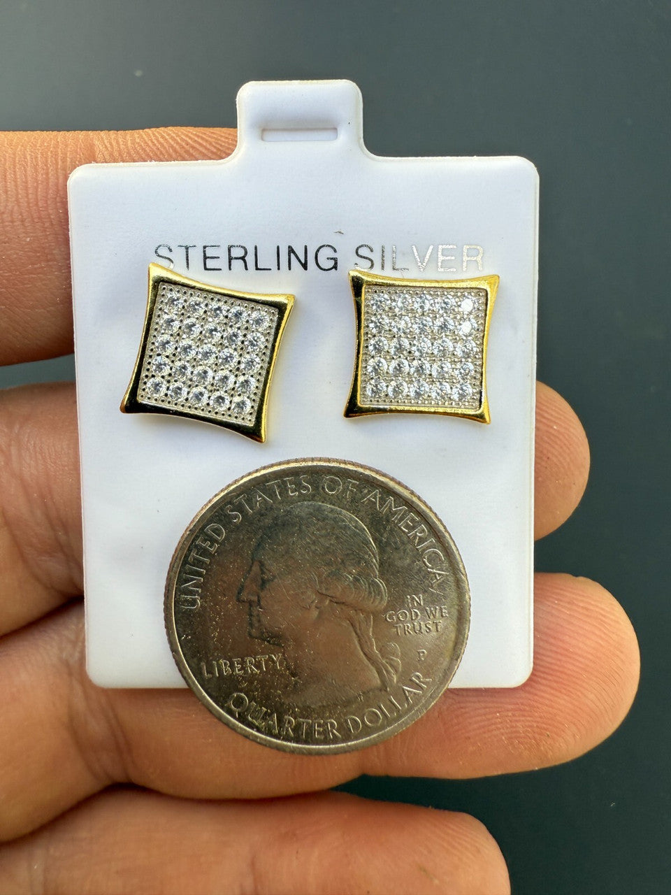 14K Gold Two Tone Real 925 Silver Kite Earrings Iced CZ 11mm - WHOLESALE DEAL