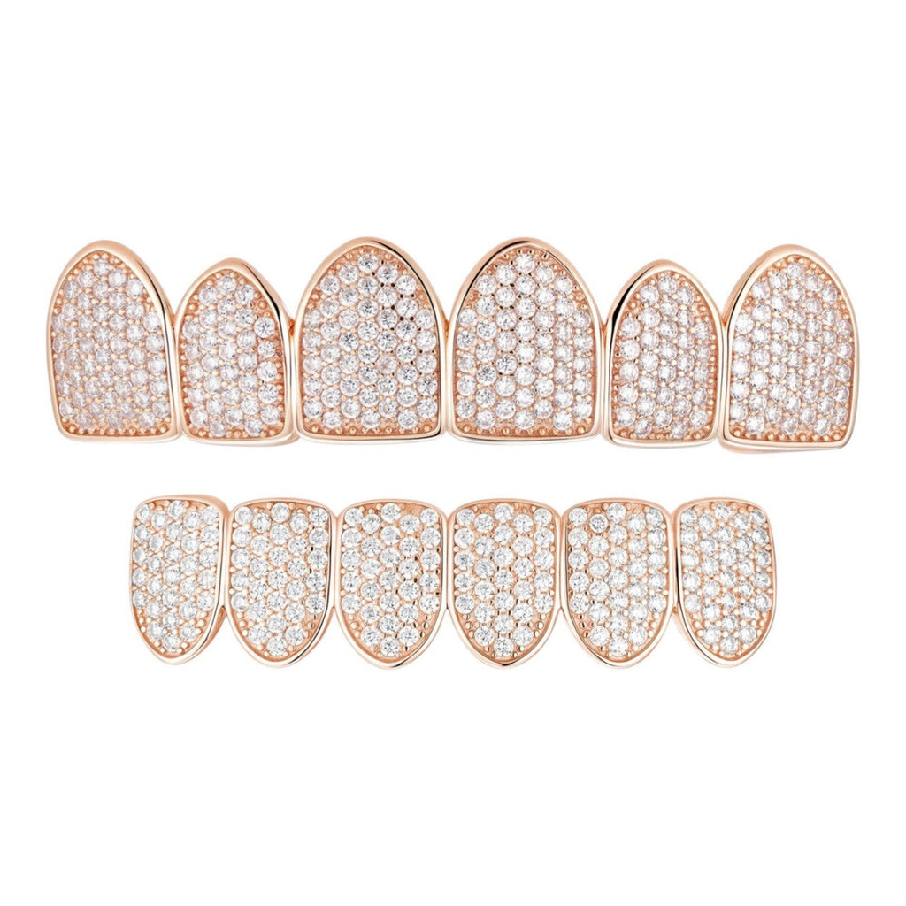 14k Rose Gold Plated Real 925 Sterling Silver CZ GRILLZ Teeth Top Bottom HipHop