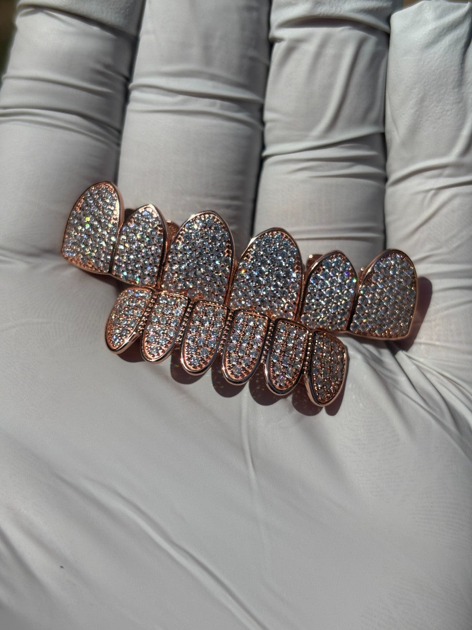 14k Rose Gold Plated Real 925 Sterling Silver CZ GRILLZ Teeth Top Bottom HipHop