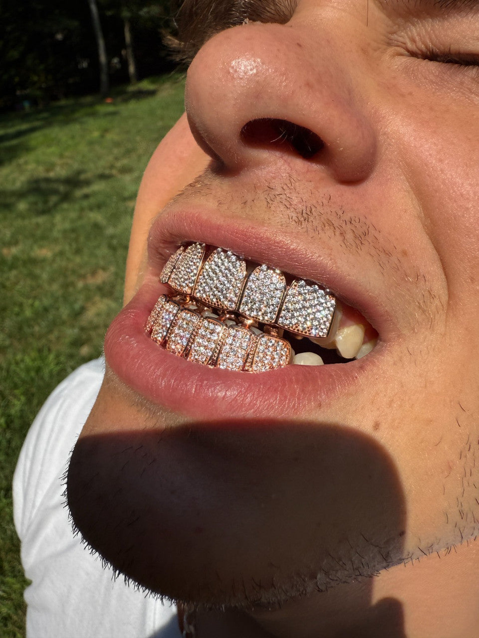 14k Rose Gold Plated Real 925 Sterling Silver CZ GRILLZ Teeth Top Bottom HipHop