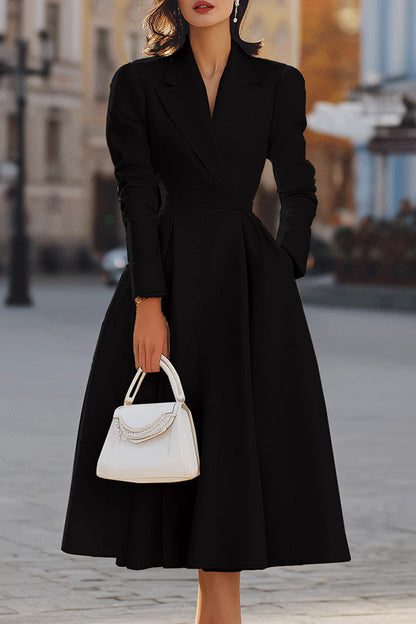 Elegant V-neck Long-sleeved Fitted Waist Midi Dress