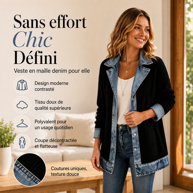 Abrigo elegante de punto acanalado para mujer con paneles de denim
