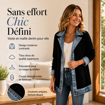Abrigo elegante de punto acanalado para mujer con paneles de denim