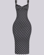 Vestido Midi de Lunares Ajustado con Escote de Pico