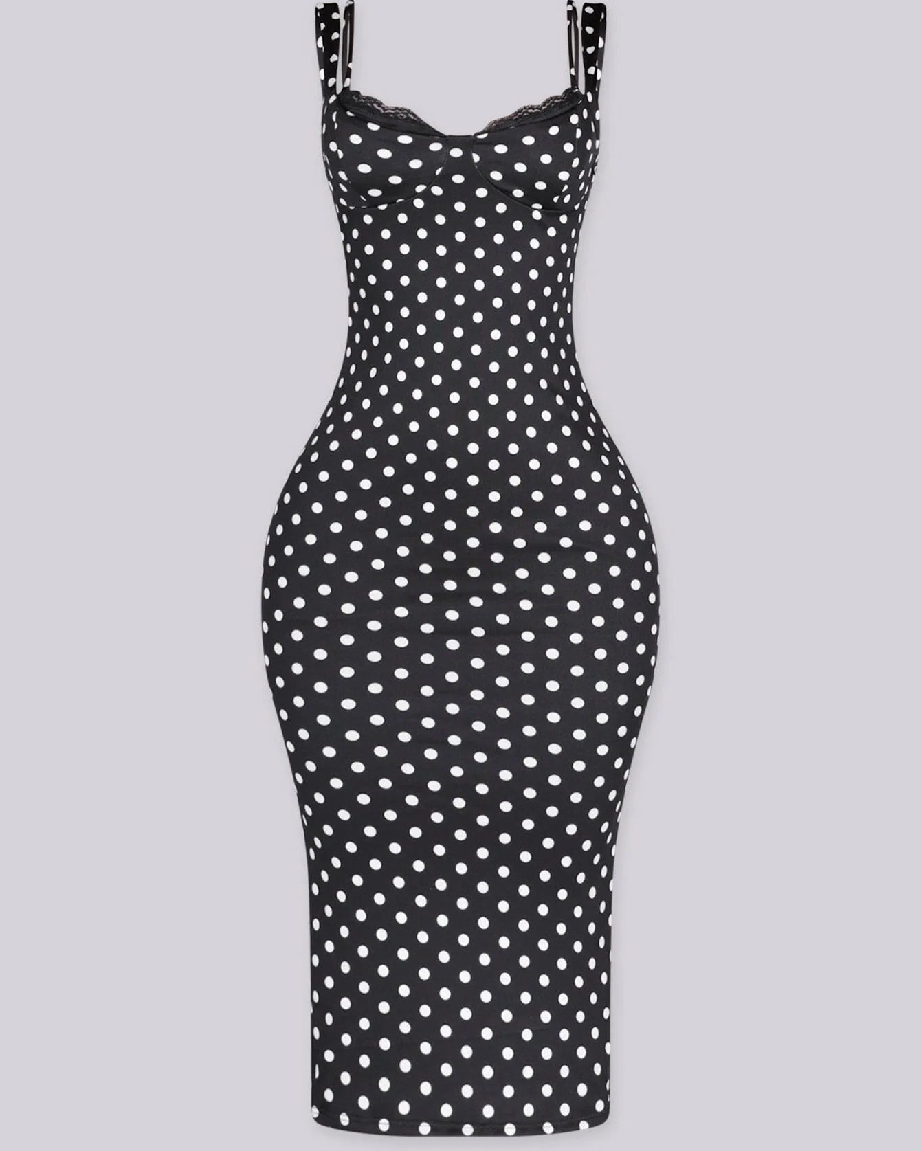 Vestido Midi de Lunares Ajustado con Escote de Pico