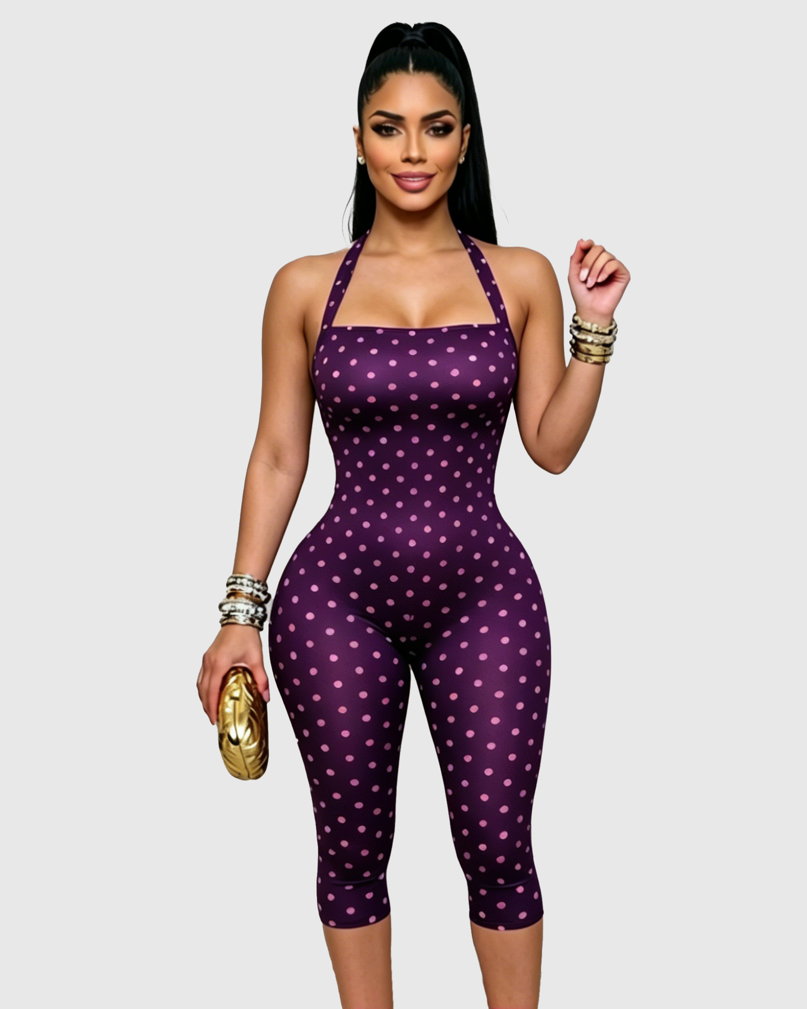 Mono Capri de Lunares con Escote Halter y Espalda Abierta