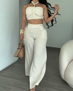 Conjunto Dos Piezas Top Halter Trenzado y Pantalón de Campana