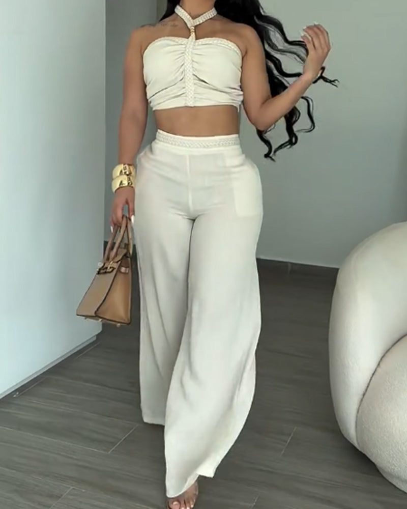 Conjunto Dos Piezas Top Halter Trenzado y Pantalón de Campana