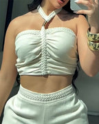 Conjunto Dos Piezas Top Halter Trenzado y Pantalón de Campana
