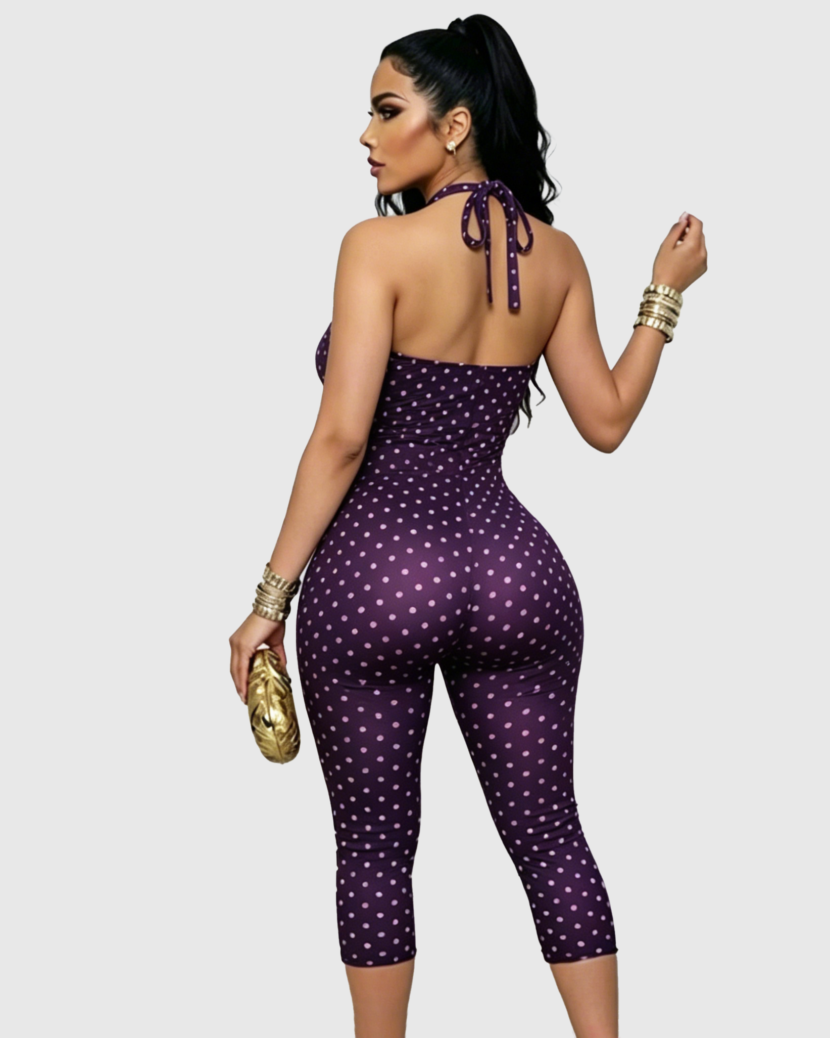 Mono Capri de Lunares con Escote Halter y Espalda Abierta