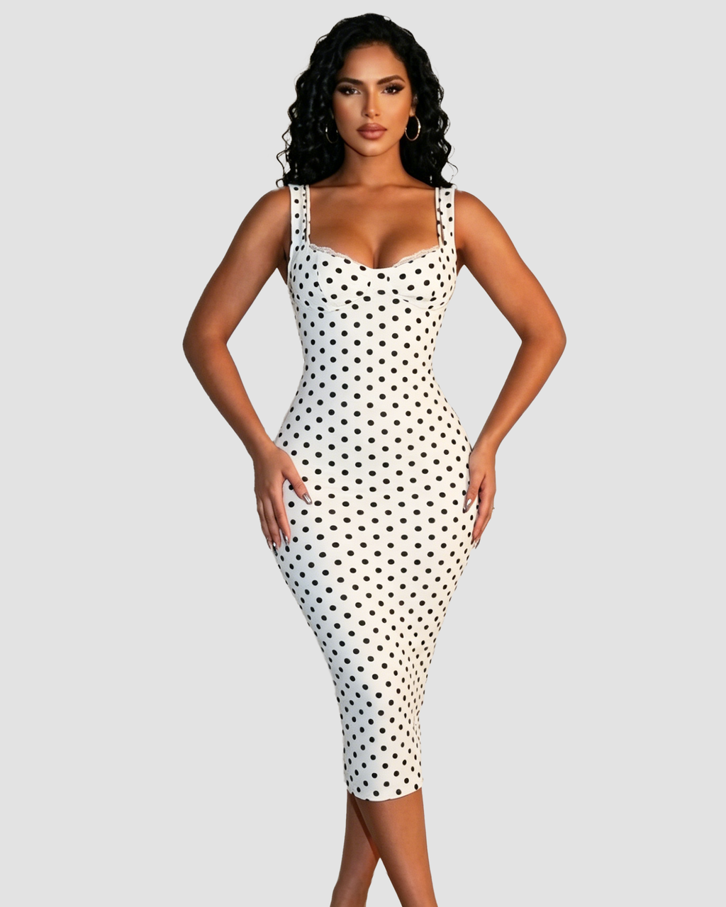 Vestido Midi de Lunares Ajustado con Escote de Pico