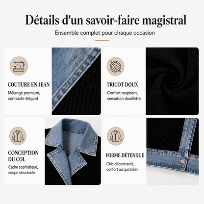 Abrigo elegante de punto acanalado para mujer con paneles de denim