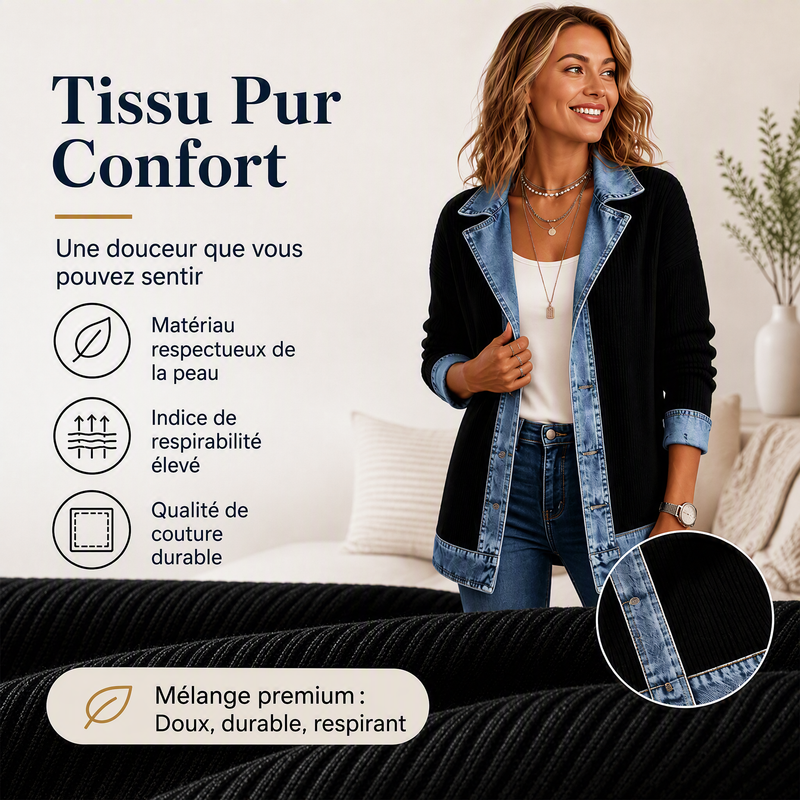 Abrigo elegante de punto acanalado para mujer con paneles de denim