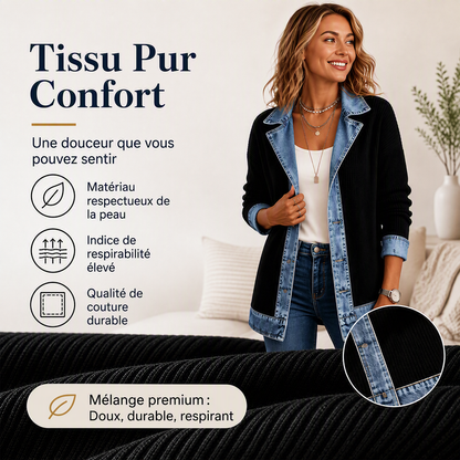 Abrigo elegante de punto acanalado para mujer con paneles de denim
