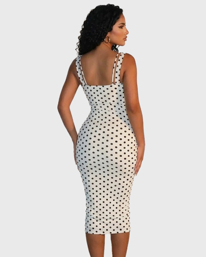 Vestido Midi de Lunares Ajustado con Escote de Pico