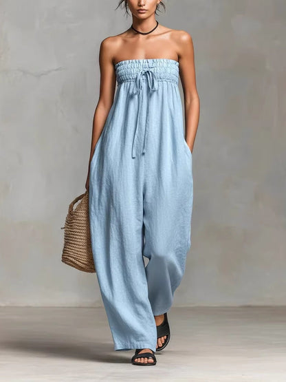 Black Minimalist Loose-fitting Faux Linen-blend Strapless Jumpsuit