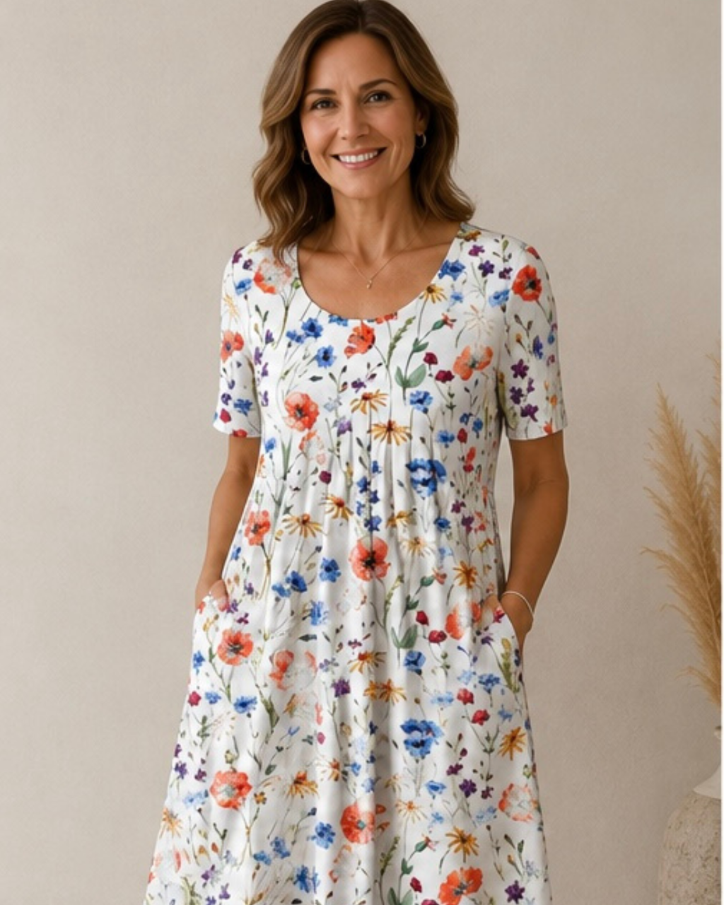 Vestido Gigi en rojo floral que disimula el abdomen, vista frontal de cuerpo entero