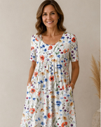 Vestido Gigi en rojo floral que disimula el abdomen, vista frontal de cuerpo entero