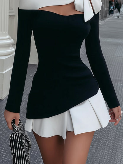 Conjunto de vestido corto bicolor con lazo al hombro
