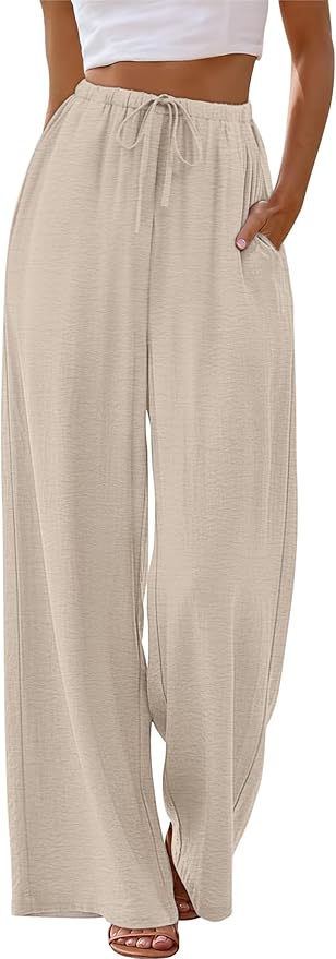 Venbelia - Pantalones de pierna ancha con cordón, para mujer, con cintura elástica y bolsillos, estilo palazzo, para vacaciones de verano en la playa