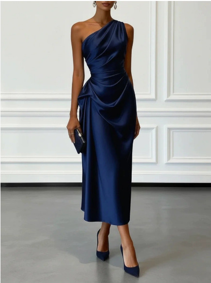 Champagne Satin One-shoulder Sleeveless Ruffled Midi Dress