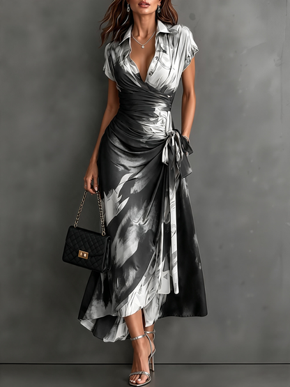 Vestido midi cruzado con estampado abstracto en rojo y negro