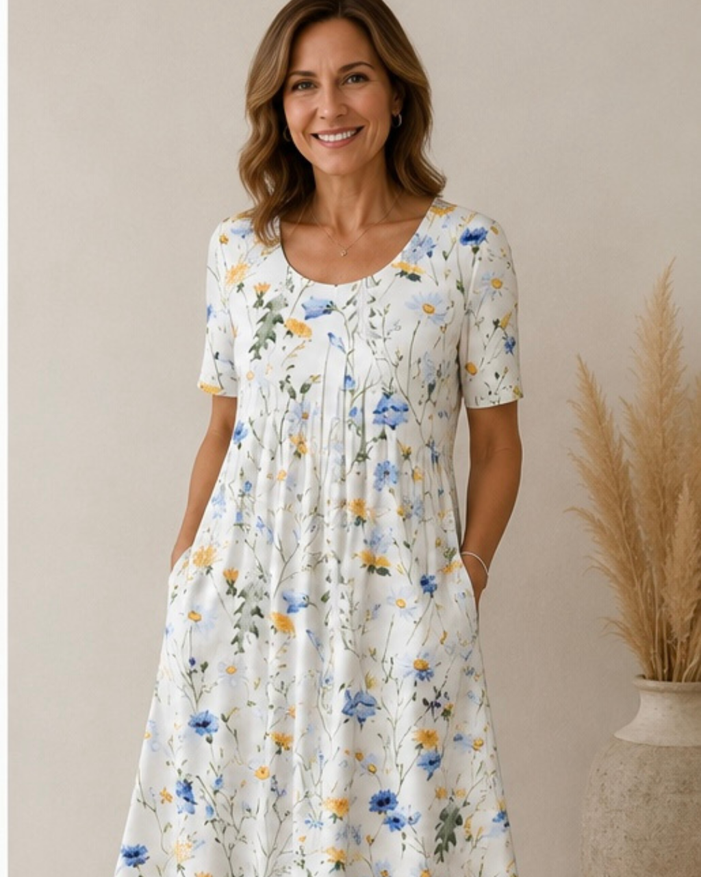 Vestido Gigi en azul floral claro, silueta equilibrada sin necesidad de faja