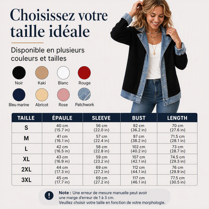 Abrigo elegante de punto acanalado para mujer con paneles de denim